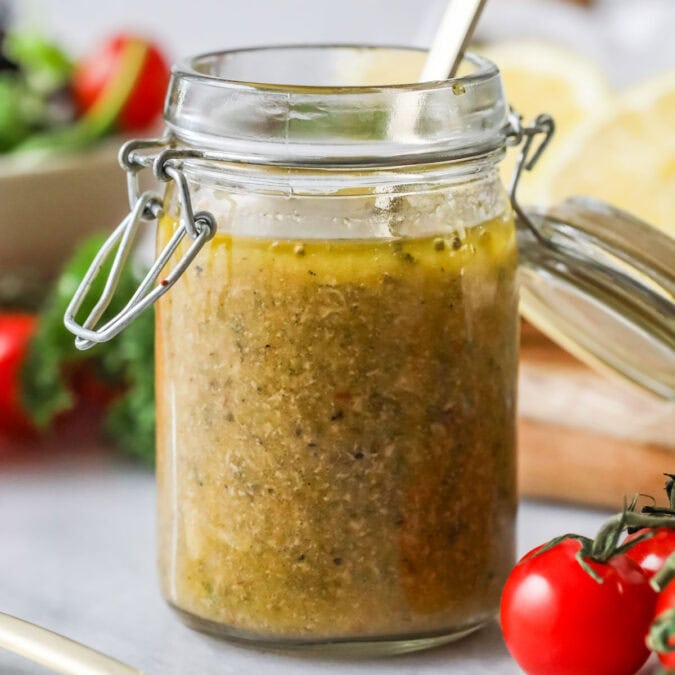 Jar of Italian dressing made from a homemade Italian dressing recipe.
