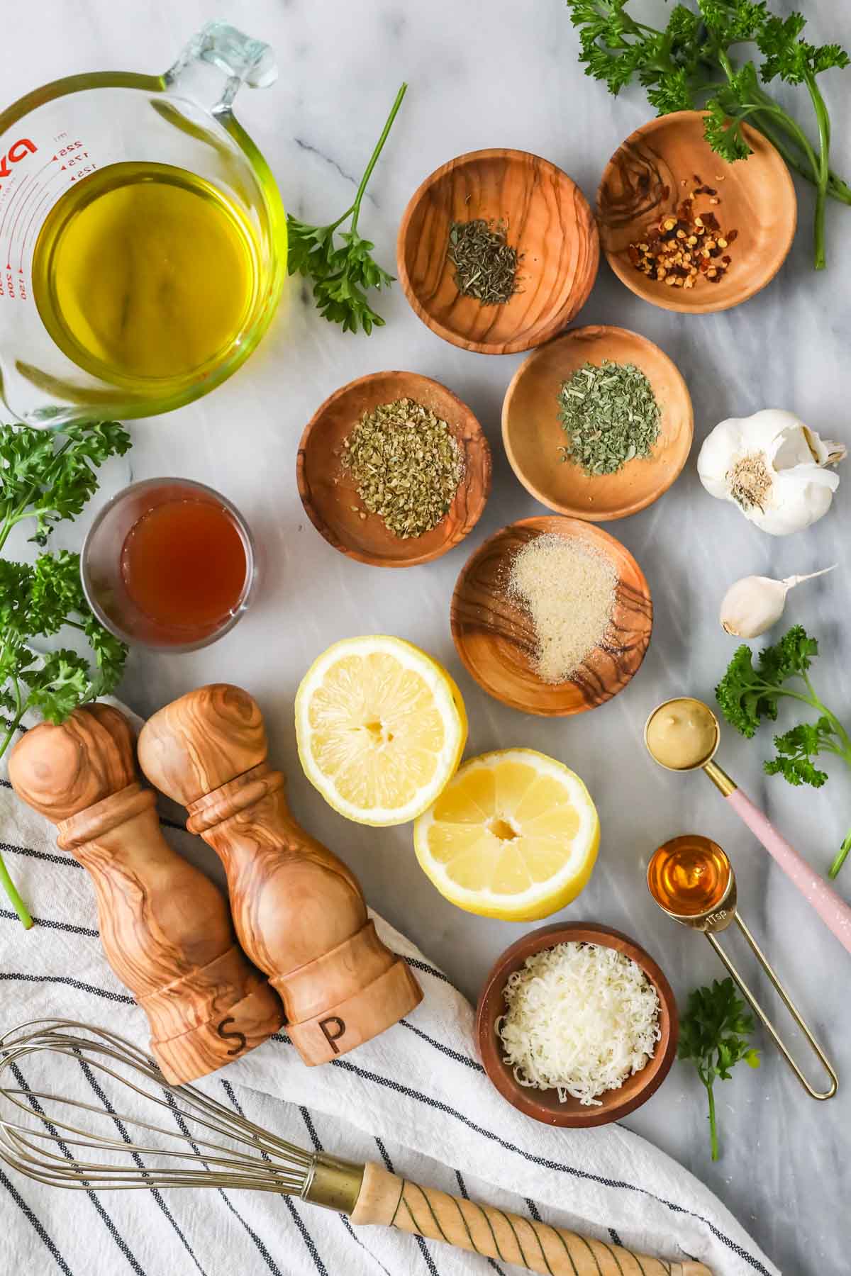 Elevated landscape with ingredients including spices, oils, vinegar, etc.