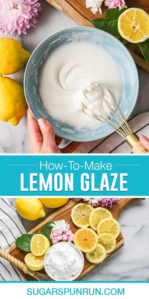 collage showing the ingredients and the process of making lemon glaze