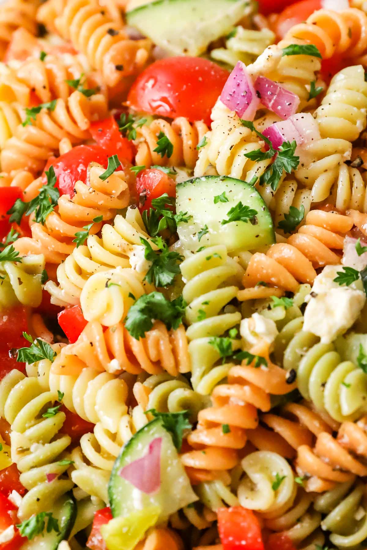 Close-up landscape of pasta, feta cheese, diced vegetables and parsley.