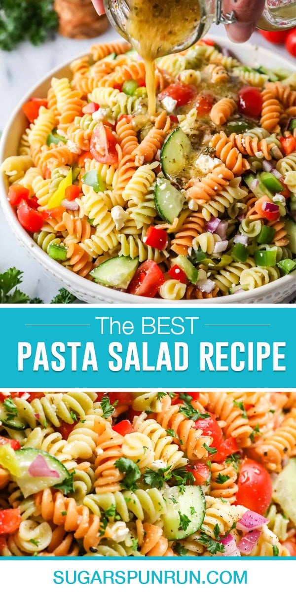 Collage of the best pasta salad, top image of large bowl of pasta and vegetables, poured in bowl, bottom image of closeup of pasta salad