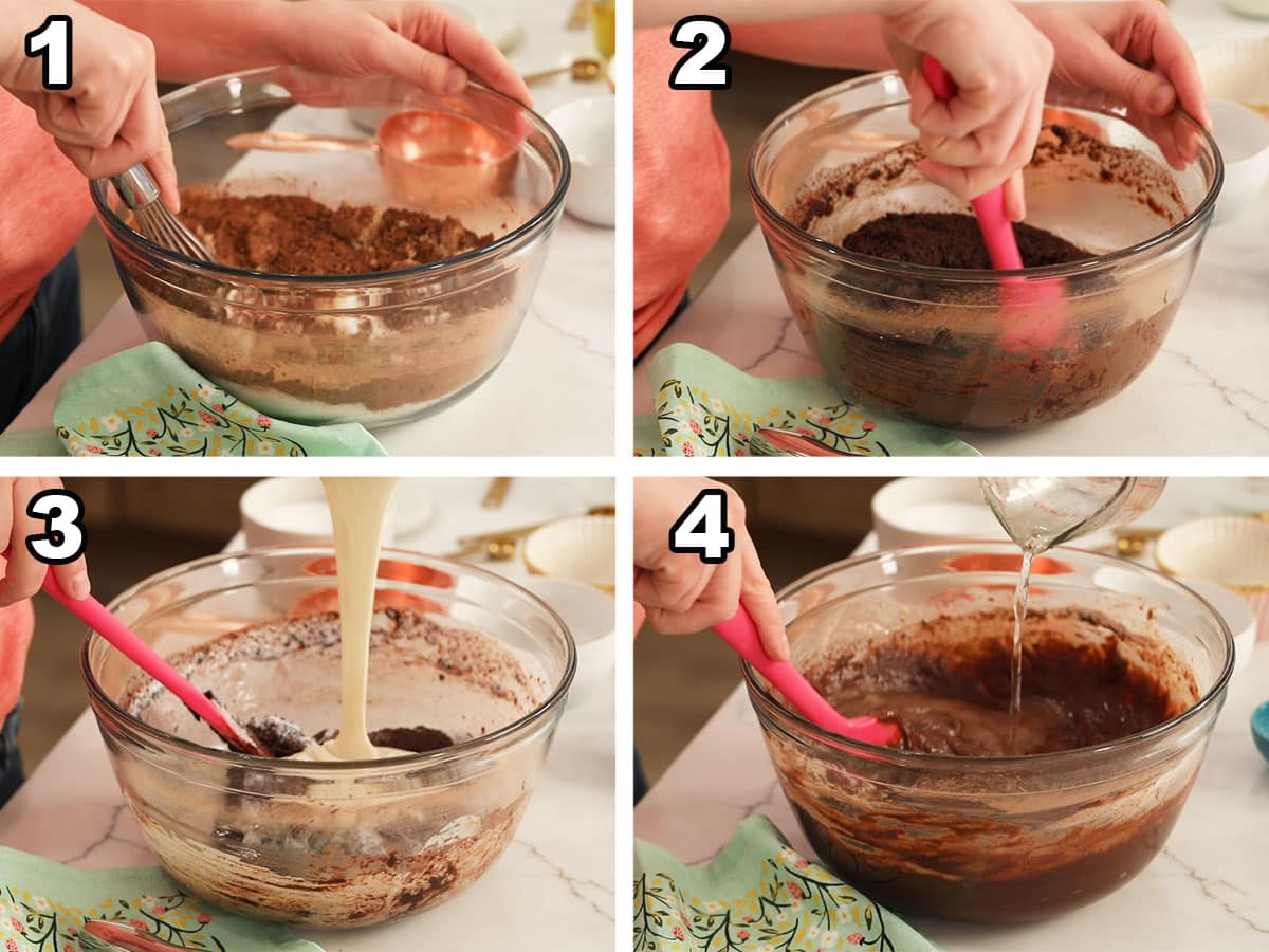 4 photos showing how to make the cake layers for sourdough chocolate cake