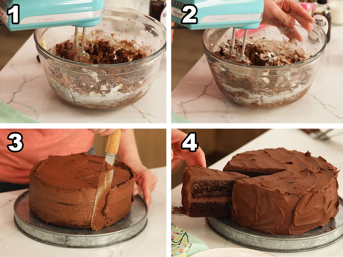 4 photos showing making the frosting and decorating the cake