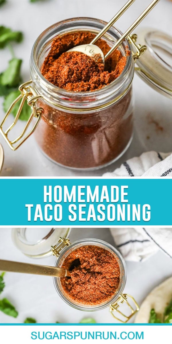 Collage of homemade taco seasonings, top image is a close-up of a jar filled with taco seasonings and a golden spoon inside