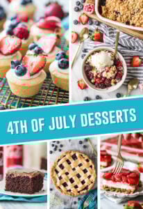 collage of the best 4th of july desserts, includes 5 images, cheesecake bites, berry crisp, cocoa cola cake, blueberry pie and strawberry pretzel salad