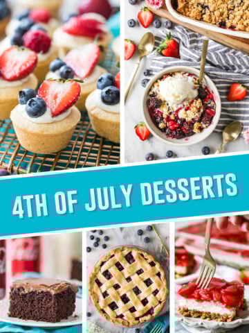collage of the best 4th of july desserts, includes 5 images, cheesecake bites, berry crisp, cocoa cola cake, blueberry pie and strawberry pretzel salad
