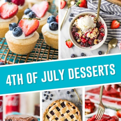 collage of the best 4th of july desserts, includes 5 images, cheesecake bites, berry crisp, cocoa cola cake, blueberry pie and strawberry pretzel salad