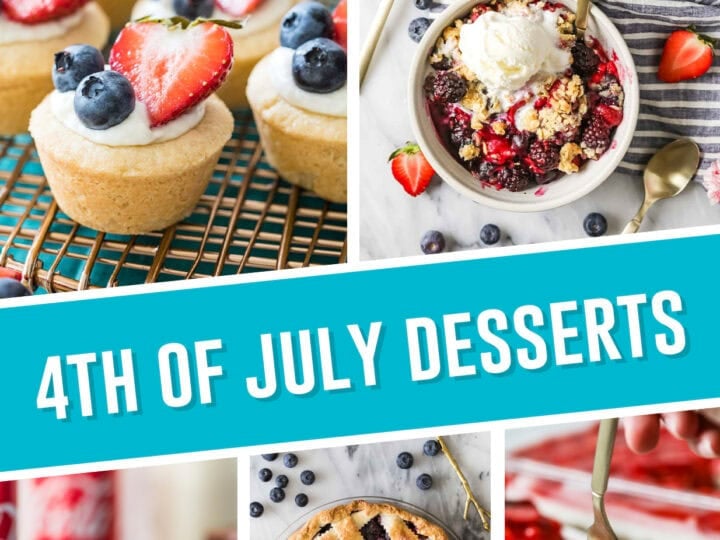 collage of the best 4th of july desserts, includes 5 images, cheesecake bites, berry crisp, cocoa cola cake, blueberry pie and strawberry pretzel salad