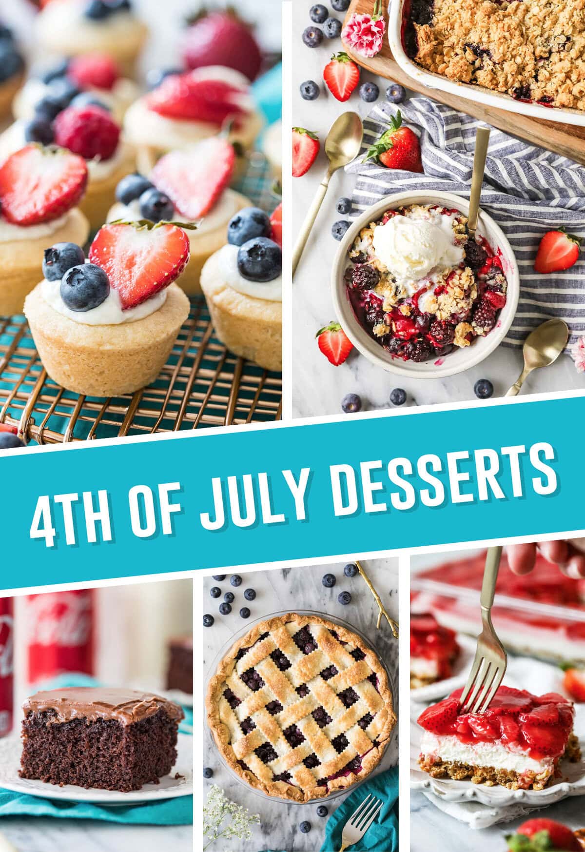 collage of the best 4th of july desserts, includes 5 images, cheesecake bites, berry crisp, cocoa cola cake, blueberry pie and strawberry pretzel salad