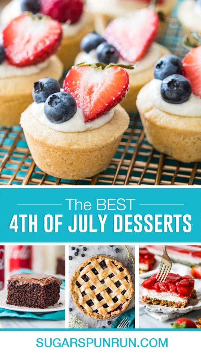 collage of the best 4th of july desserts, includes 5 images, cheesecake bites, cocoa cola cake, blueberry pie and strawberry pretzel salad