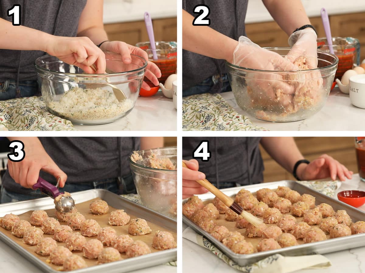 Four photos showing chicken meatballs being formed and brushed with oil.