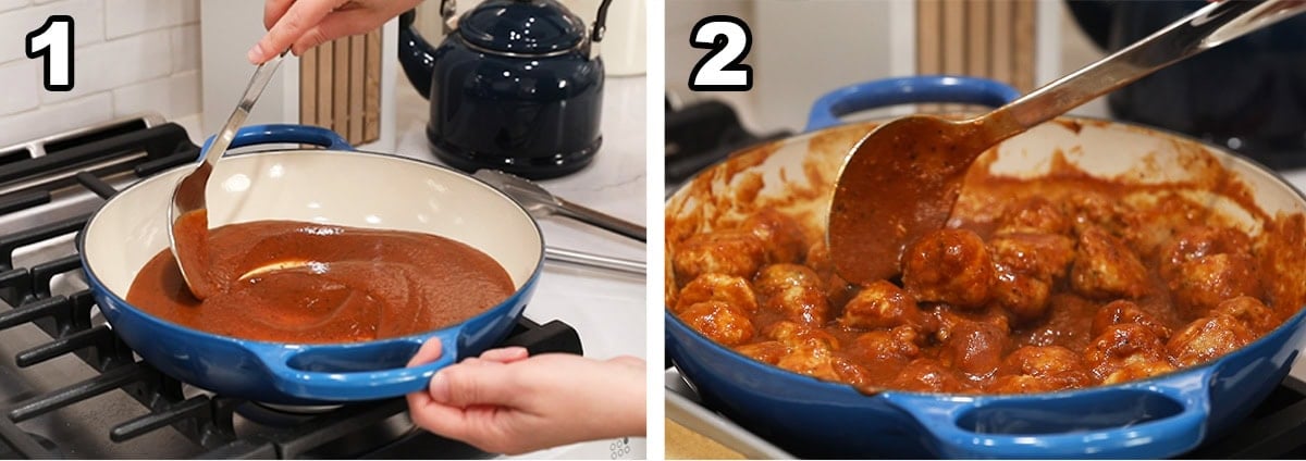 Two photos showing chicken meatballs being added to BBQ sauce in a saucepan.