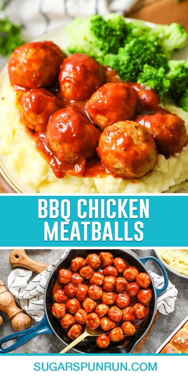 collage of bbq chicken meatballs, top image is a close up of meatballs on top of mashed potatoes with broccoli side, bottom image is a birds eye view of meatballs in pan