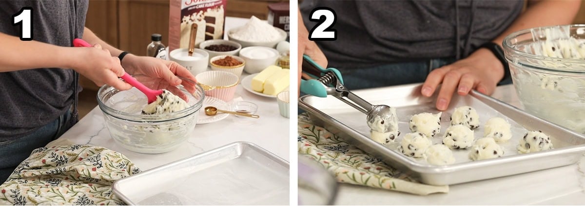 Two photos showing a chocolate chip cream cheese mixture being dolloped onto a baking sheet before freezing.