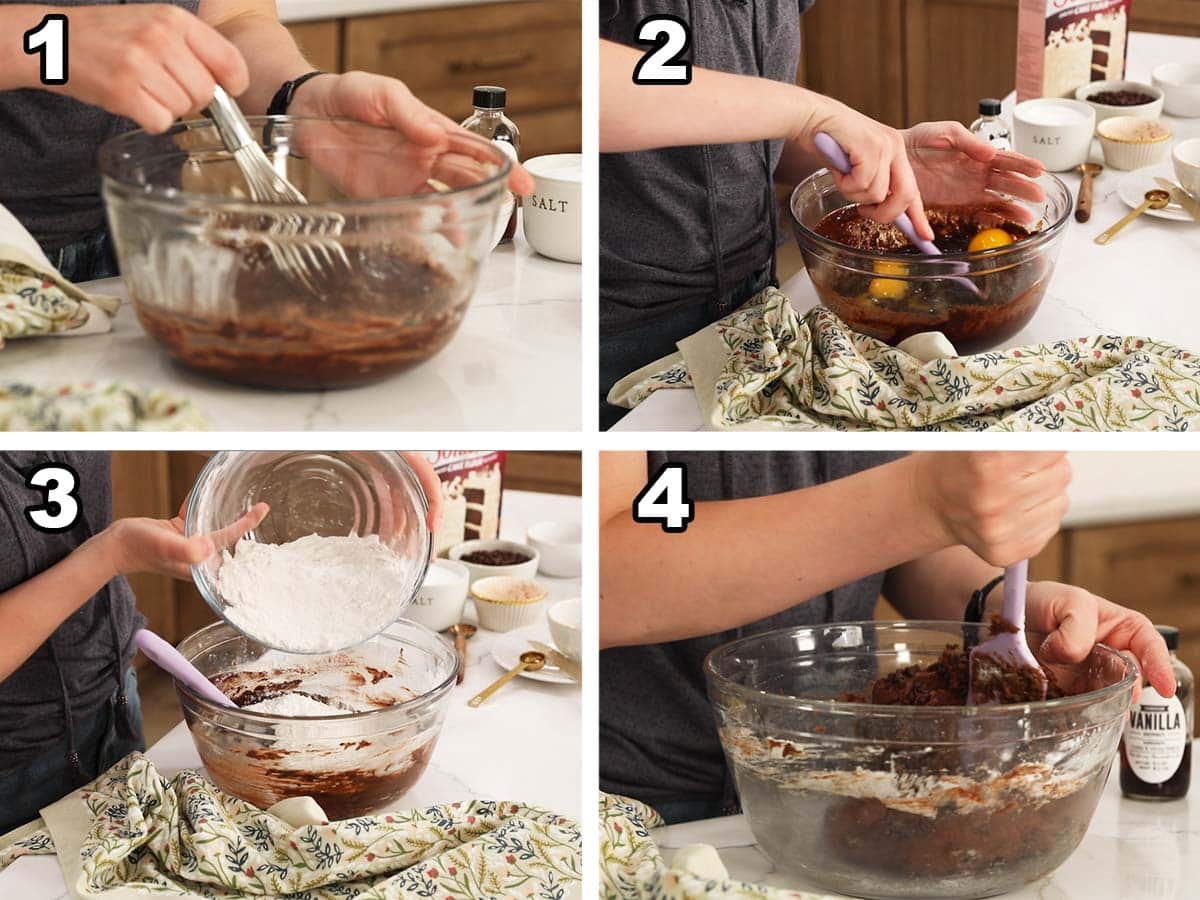 Four photos showing chocolate cookie dough being prepared.