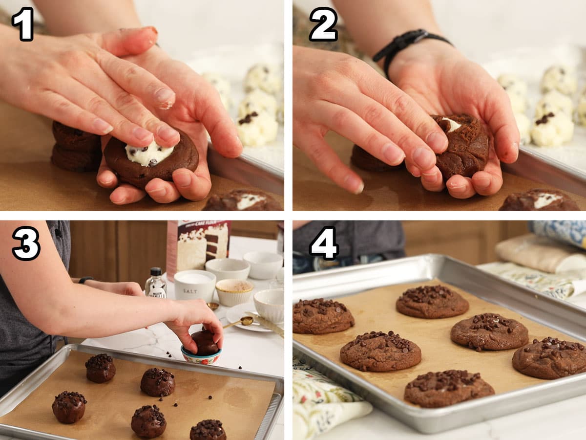 Four photos showing chocolate cookie dough being stuffed with a cream cheese filling before baking.