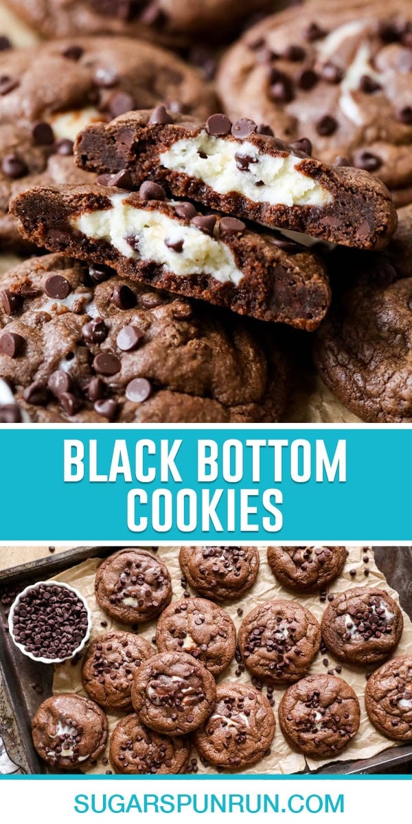 collage of black bottom cookies, top image is a close up of cookie sliced open, bottom image of cookie tray filled with cookies photographed from above