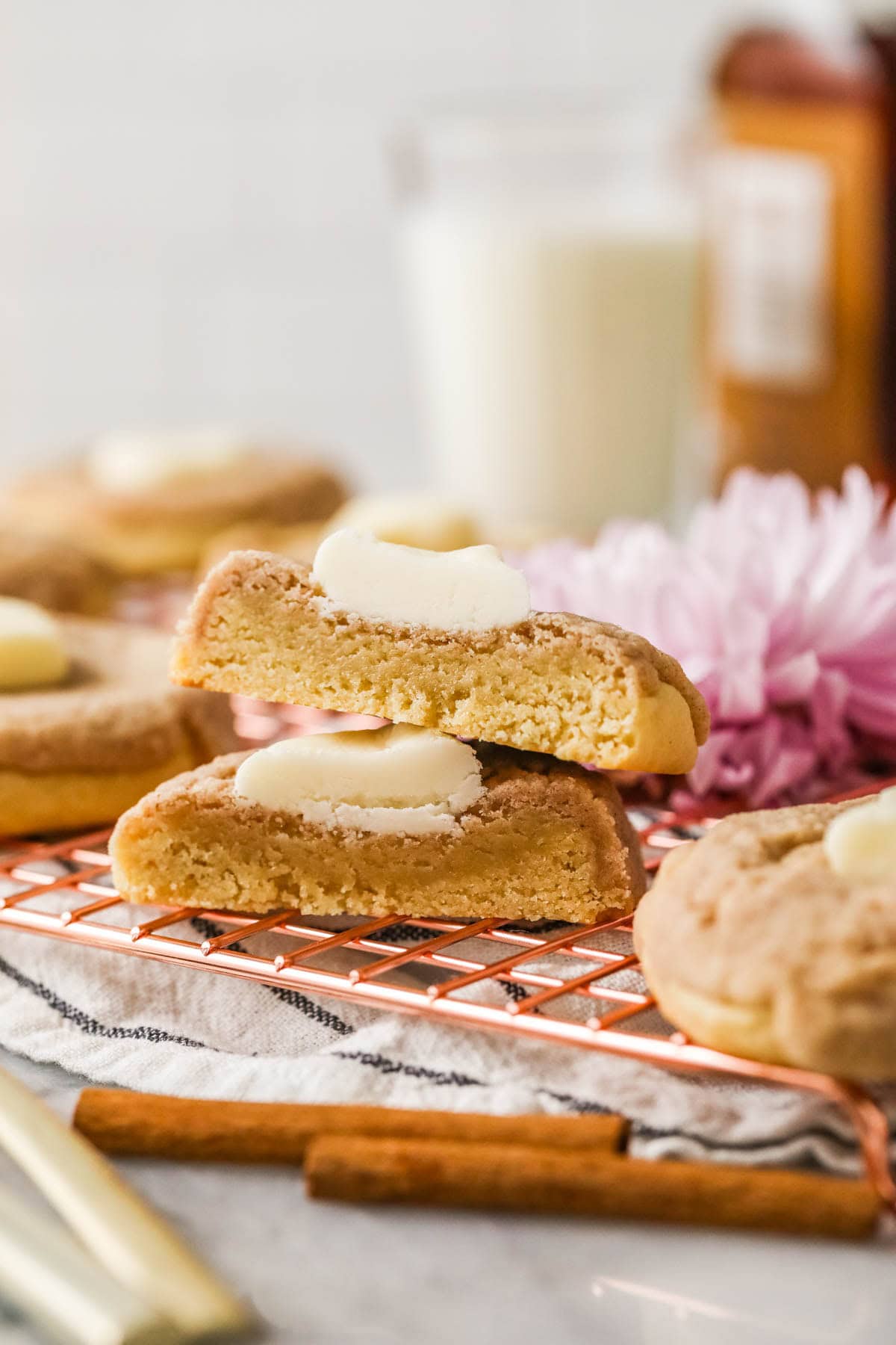 Two halves of a french toast cookie stacked on top of each other.