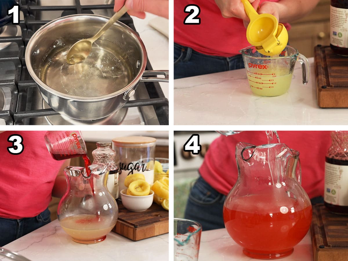 Collage of simple syrup, lemon juice, cranberry juice and water combined to make pink lemonade.