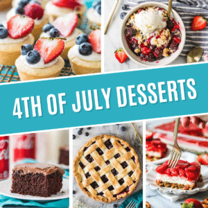 Collage of 4th of July desserts including cheesecake bites, berry crisp, coca cola cake, blueberry pie, and strawberry pretzel salad.