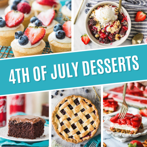 Collage of 4th of July desserts including cheesecake bites, berry crisp, coca cola cake, blueberry pie, and strawberry pretzel salad.
