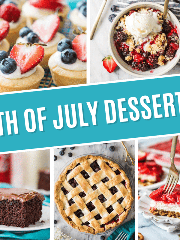 Collage of 4th of July desserts including cheesecake bites, berry crisp, coca cola cake, blueberry pie, and strawberry pretzel salad.
