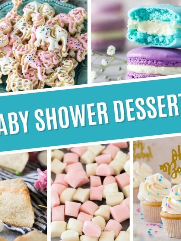 Collage of baby shower desserts including frosted animal cookies, french macarons, scones, butter mints, and cupcakes.