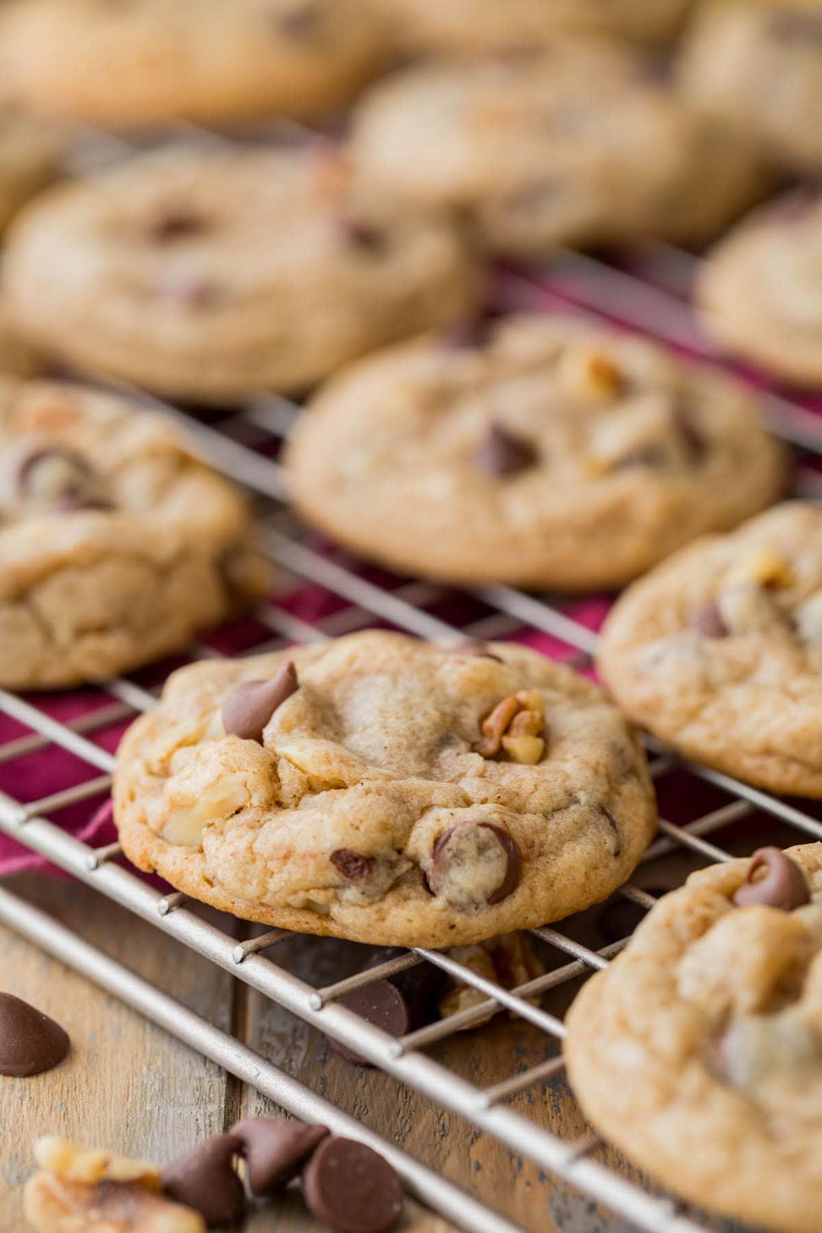 Close-up view of banana cookies on a cooling rack.