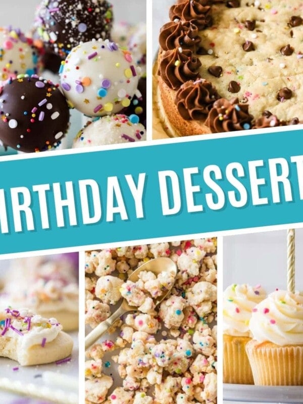 Collage of birthday desserts including cake pops, cookie cake, birthday cake cookies, confetti cake crumbs, and confetti cupcakes.