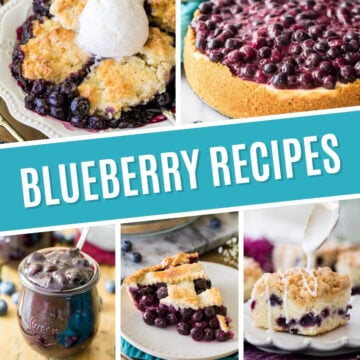 Collage of blueberry recipes including blueberry cobbler, blueberry cheesecake, blueberry sauce, blueberry pie, and blueberry coffee cake.