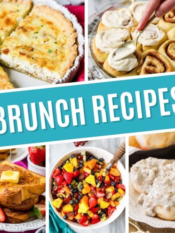 Collage of brunch recipes including quiche lorraine, cinnamon rolls, brioche french toast, fruit salad, and biscuits and gravy.