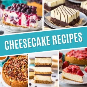 Collage of cheesecake recipes including blueberry cheesecake, cheesecake brownies, turtle cheesecake, cheesecake bars, and strawberry cheesecake.
