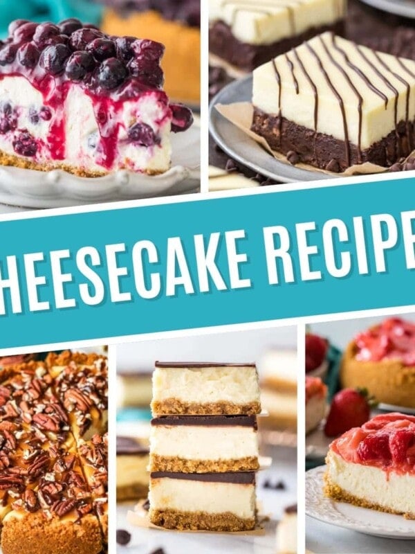 Collage of cheesecake recipes including blueberry cheesecake, cheesecake brownies, turtle cheesecake, cheesecake bars, and strawberry cheesecake.