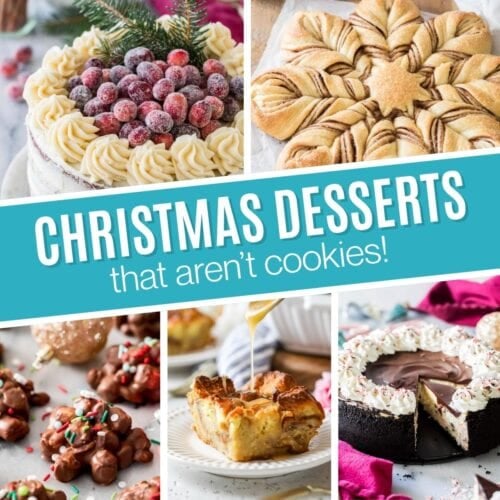 Collage of Christmas desserts including gingerbread cake, star bread, crockpot candy, bread pudding, and peppermint bark cheesecake.