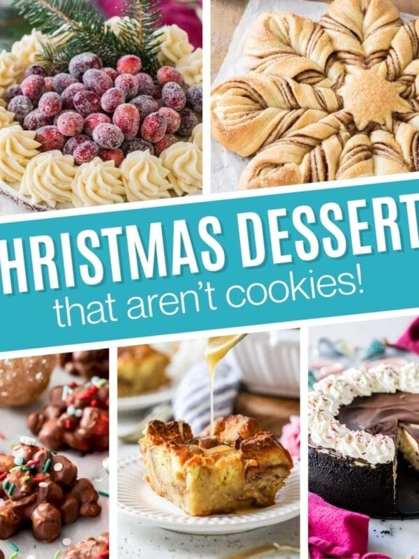 Collage of Christmas desserts including gingerbread cake, star bread, crockpot candy, bread pudding, and peppermint bark cheesecake.