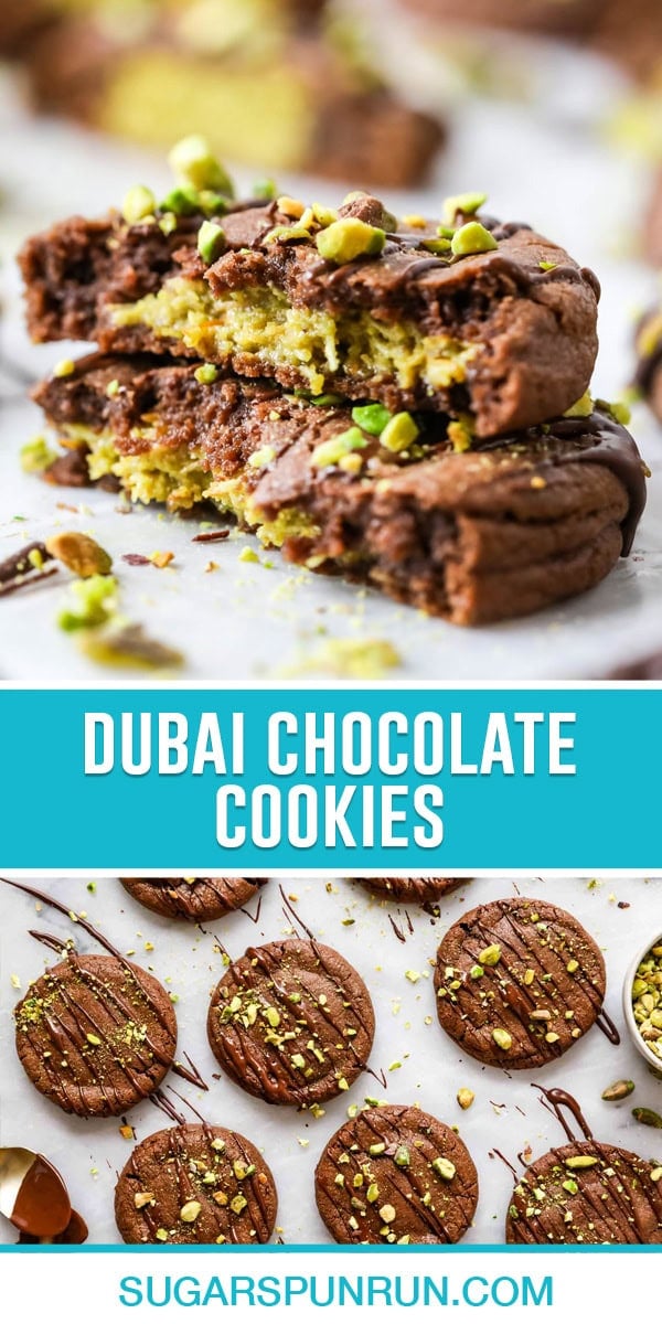 collage of dubai chocolate cookies, top image of two cookies cut opened and stacked, bottom image of bird eyes view of multiple cookies neatly spread out