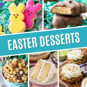 Collage of Easter desserts including Easter sugar cookies, peanut butter eggs, bunny munch, coconut cake, and carrot cake cookies.