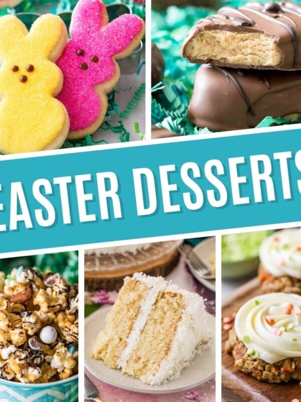 Collage of Easter desserts including Easter sugar cookies, peanut butter eggs, bunny munch, coconut cake, and carrot cake cookies.