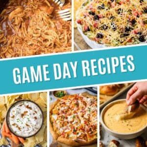 Collage of game day recipes including pulled chicken, taco dip, french onion dip, buffalo chicken pizza, and beer cheese dip.