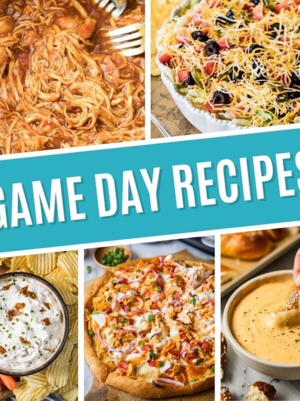 Collage of game day recipes including pulled chicken, taco dip, french onion dip, buffalo chicken pizza, and beer cheese dip.