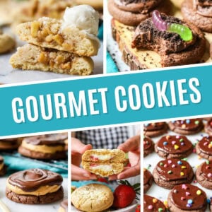 Collage of gourmet cookies including apple pie cookies, dirt cookies, buckeye cookies, strawberry cheesecake cookies, and cosmic cookies.
