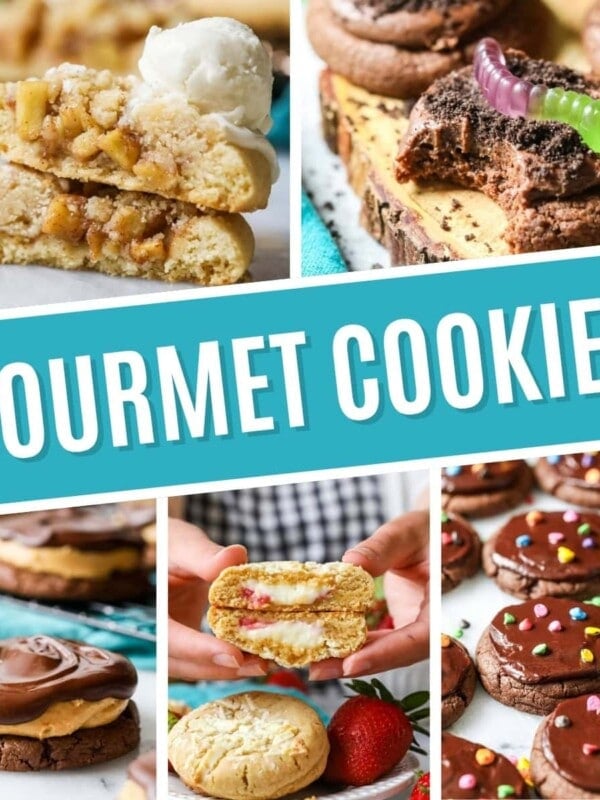 Collage of gourmet cookies including apple pie cookies, dirt cookies, buckeye cookies, strawberry cheesecake cookies, and cosmic cookies.