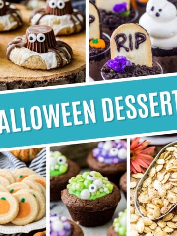 Collage of halloween desserts including spider cookies, ghost dessert shooters, pumpkin sugar cookies, witch cauldron brownie bites, and cinnamon sugar pumpkin seeds.