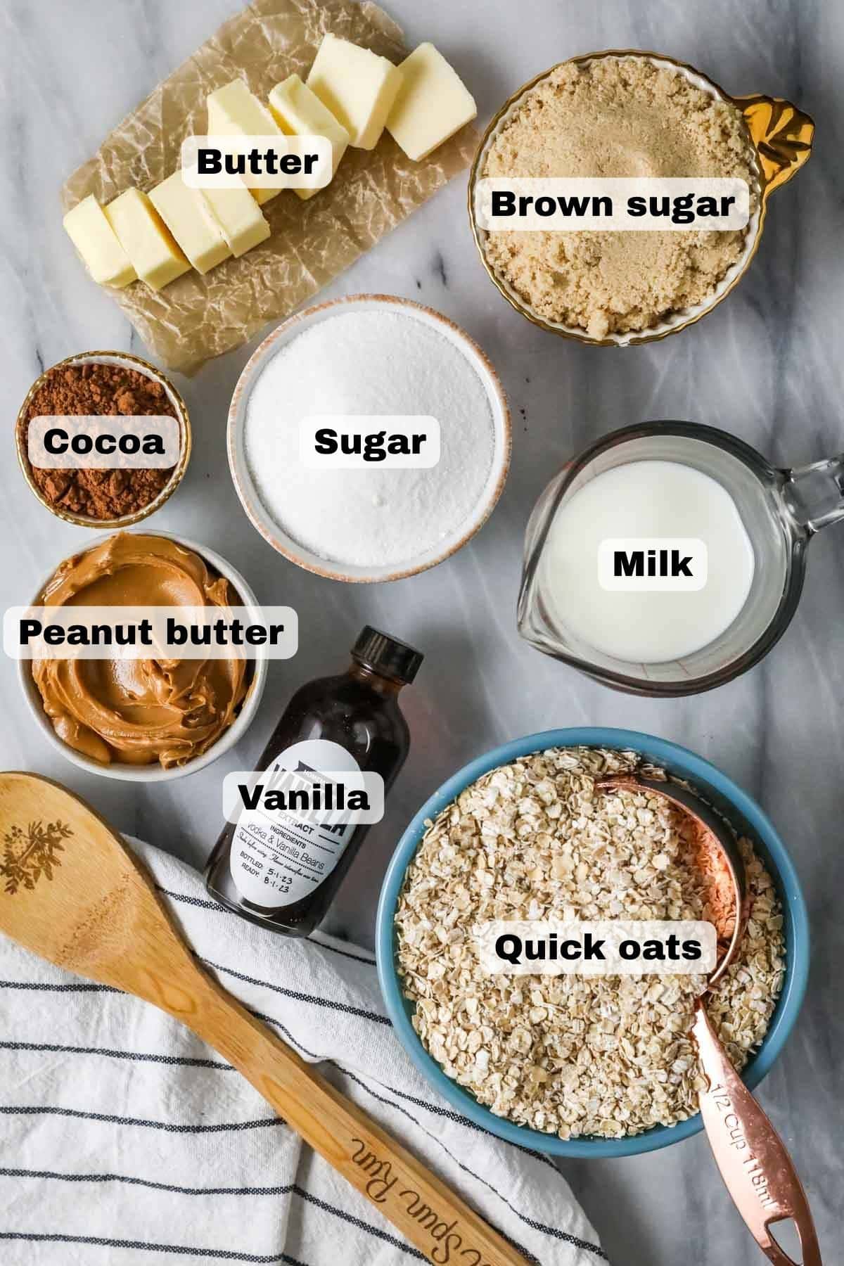 Labeled overhead of Ingredients for no-bake cookies.