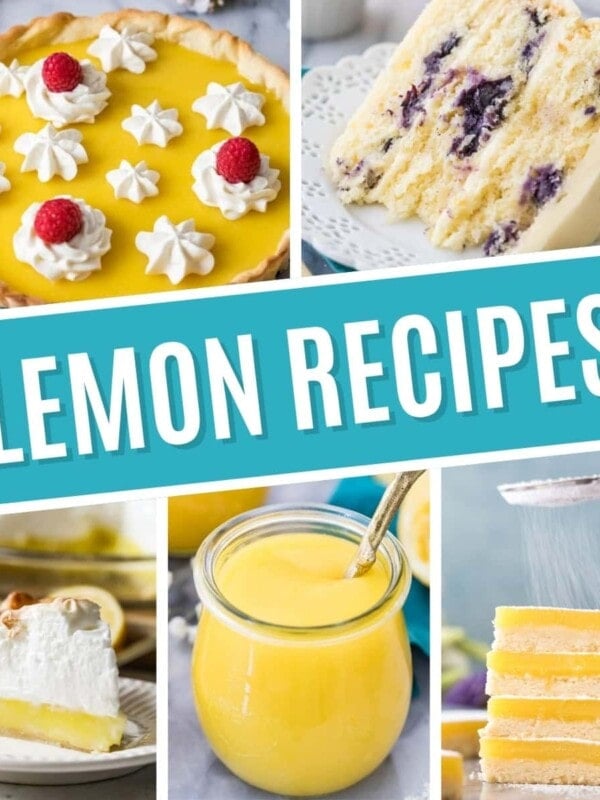 Collage of lemon recipes including a lemon tart, lemon blueberry cake, lemon meringue pie, lemon curd, and lemon bars.