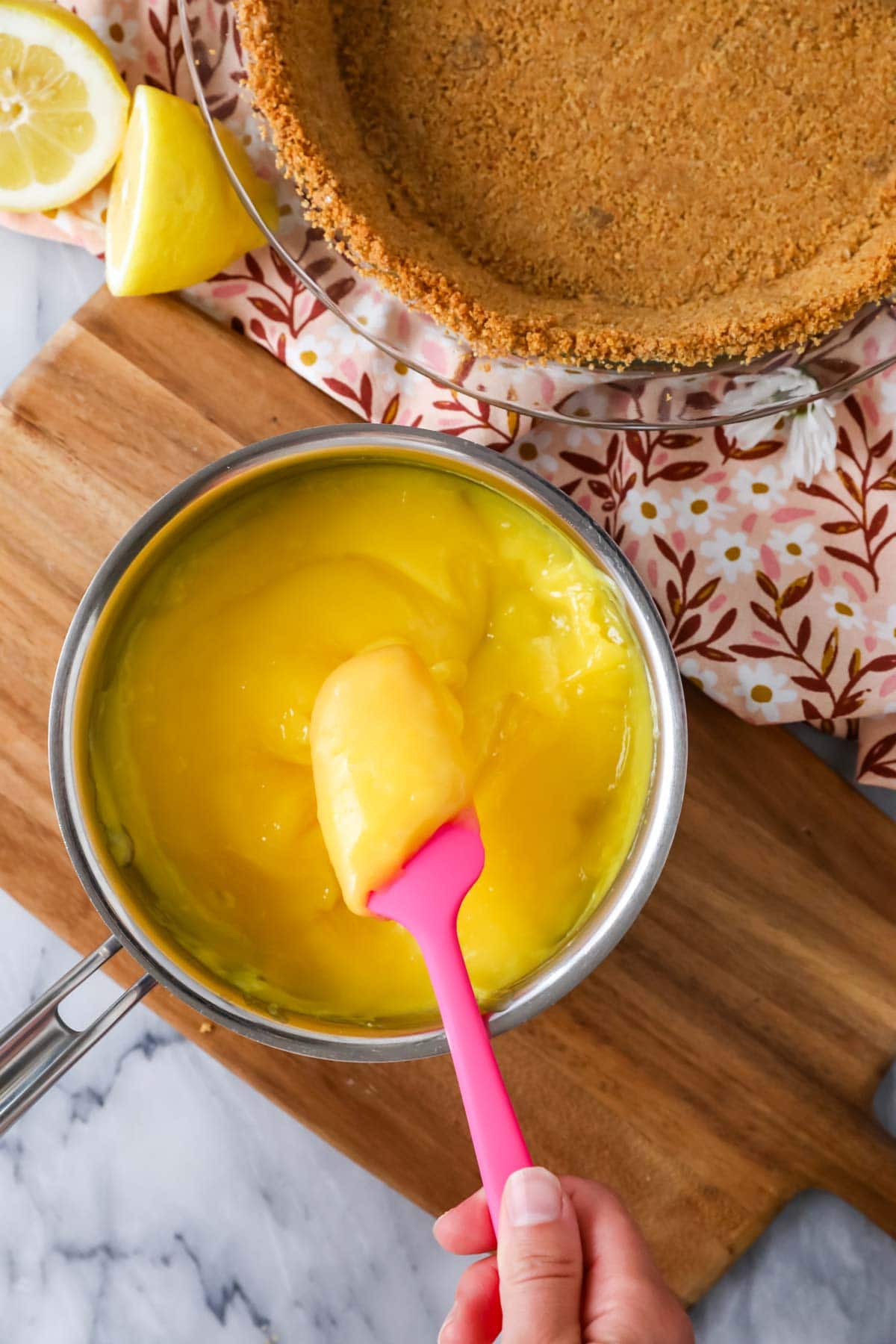Overhead view of a pot of lemon curd that's thickened properly.