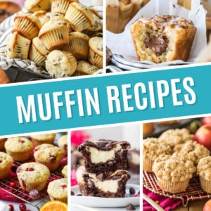Collage of muffin recipes including mini muffins, nutella muffins, cranberry orange muffins, chocolate cheesecake muffins, and apple muffins.