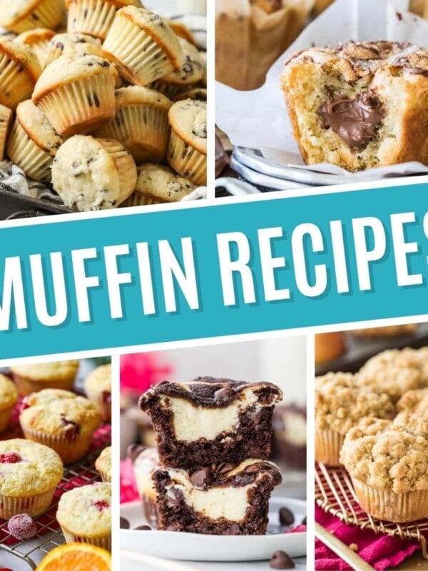 Collage of muffin recipes including mini muffins, nutella muffins, cranberry orange muffins, chocolate cheesecake muffins, and apple muffins.