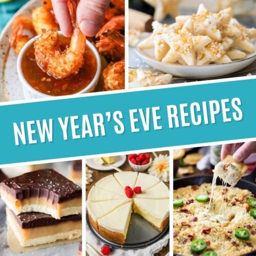 Collage of new year's eve recipes including coconut shrimp, champagne cookies, millionaire's shortbread, New York cheesecake, and jalapeno popper dip.