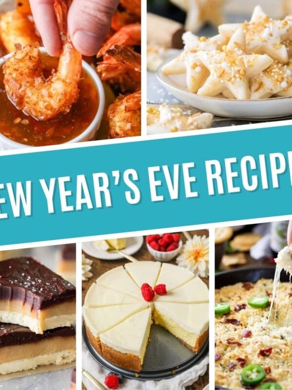 Collage of new year's eve recipes including coconut shrimp, champagne cookies, millionaire's shortbread, New York cheesecake, and jalapeno popper dip.